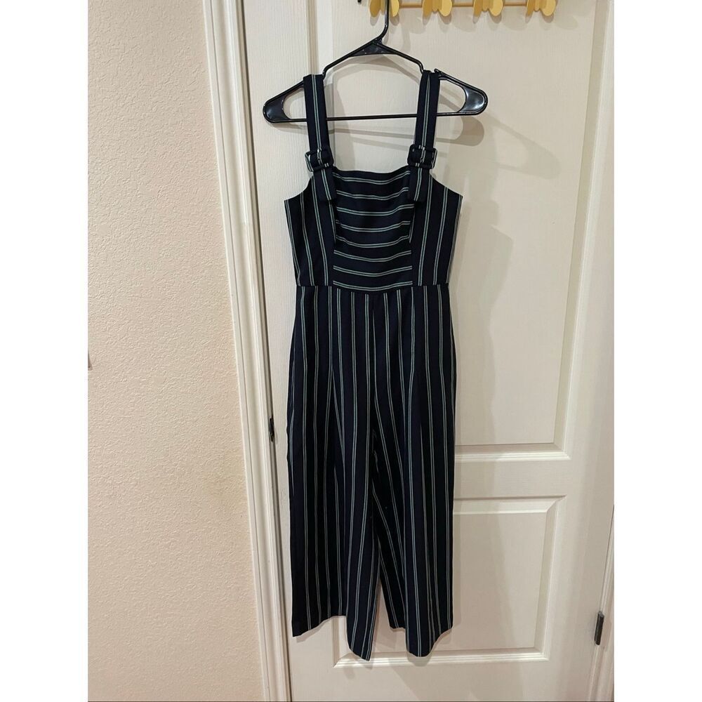 BCBGeneration navy blue pinstripe buckle strap jumpsuit size 4